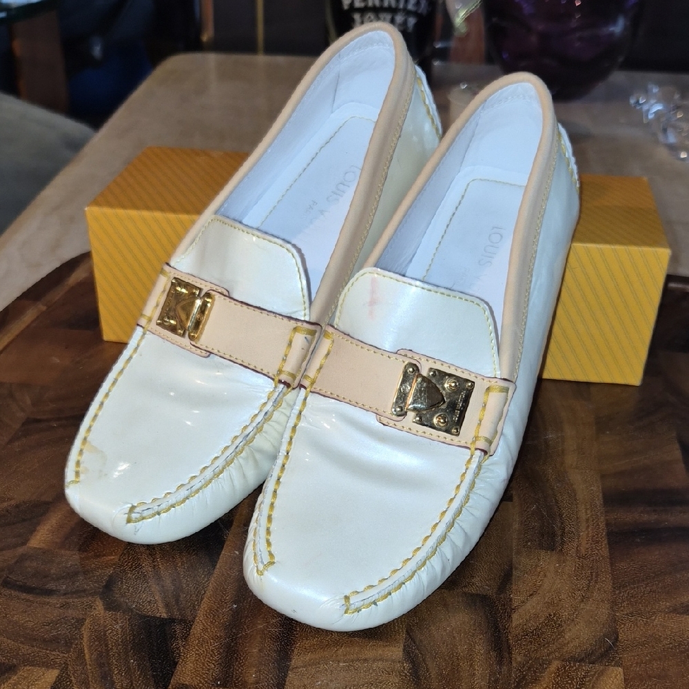Louis Vuitton Elegant Cream & Tan Loafers with Gold Accents EU 36